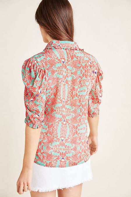 Shop Bhanuni By Jyoti Green Viscose Crepe Straight Collar Floral Printed Shirt at Aza Fashions Shop_Bhanuni By Jyoti_Green Viscose Crepe Straight Collar Floral Printed Shirt _at_Aza_Fashions