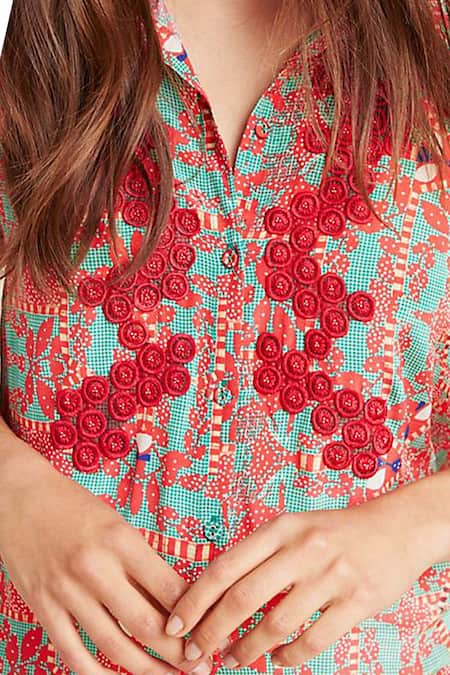 Bhanuni By Jyoti Green Viscose Crepe Straight Collar Floral Printed Shirt Online at Aza Fashions Bhanuni By Jyoti_Green Viscose Crepe Straight Collar Floral Printed Shirt _Online_at_Aza_Fashions