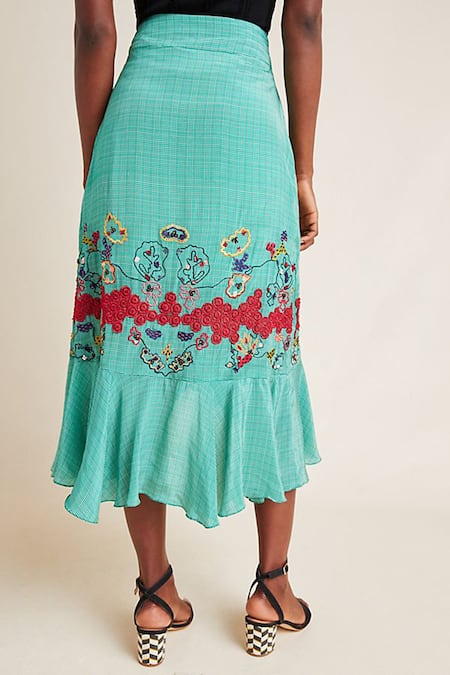 Shop Bhanuni By Jyoti Green Viscose Crepe Embroidered Skirt at Aza Fashions Shop_Bhanuni By Jyoti_Green Viscose Crepe Embroidered Skirt _at_Aza_Fashions