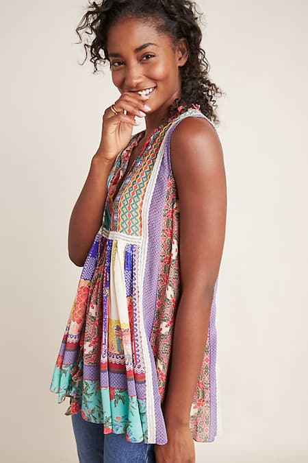 Bhanuni By Jyoti_Multi Color Viscose Crepe Notched Printed Top _Online_at_Aza_Fashions