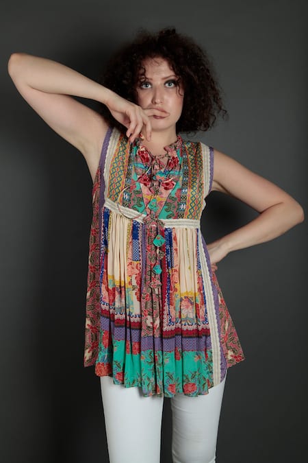 Buy_Bhanuni By Jyoti_Multi Color Viscose Crepe Notched Printed Top _Online_at_Aza_Fashions