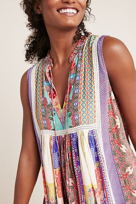 Bhanuni By Jyoti_Multi Color Viscose Crepe Notched Printed Top _at_Aza_Fashions