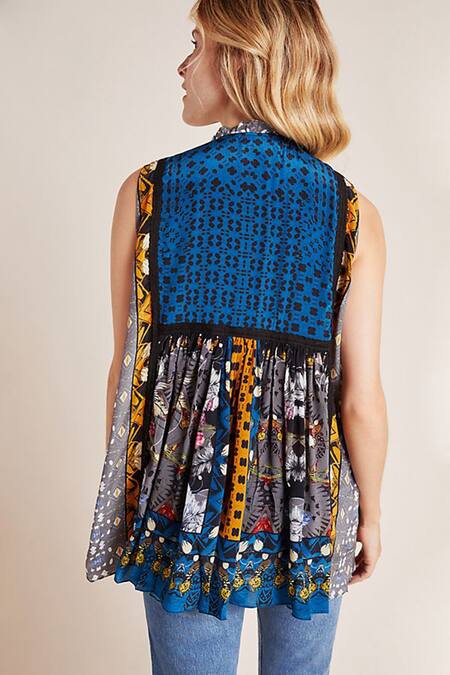 Shop Bhanuni By Jyoti Blue Viscose Crepe Notched Printed Top at Aza Fashions Shop_Bhanuni By Jyoti_Blue Viscose Crepe Notched Printed Top _at_Aza_Fashions