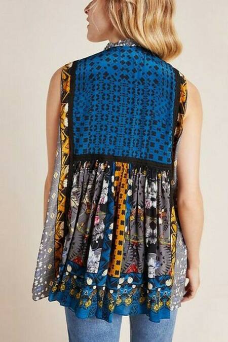 Buy Bhanuni By Jyoti Blue Viscose Crepe Notched Printed Top Online at Aza Fashions Buy_Bhanuni By Jyoti_Blue Viscose Crepe Notched Printed Top _Online_at_Aza_Fashions