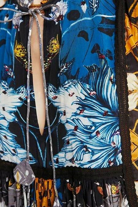 Shop Bhanuni By Jyoti Blue Viscose Crepe Notched Printed Top Online at Aza Fashions Shop_Bhanuni By Jyoti_Blue Viscose Crepe Notched Printed Top _Online_at_Aza_Fashions