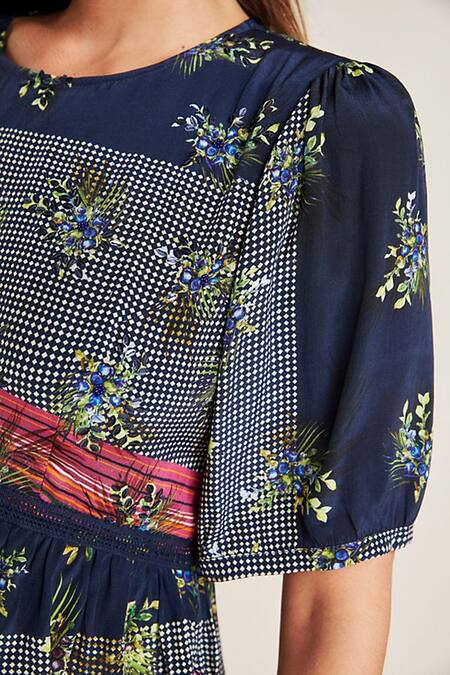 Bhanuni By Jyoti_Blue Viscose Round Floral Printed Peplum Top _Online_at_Aza_Fashions