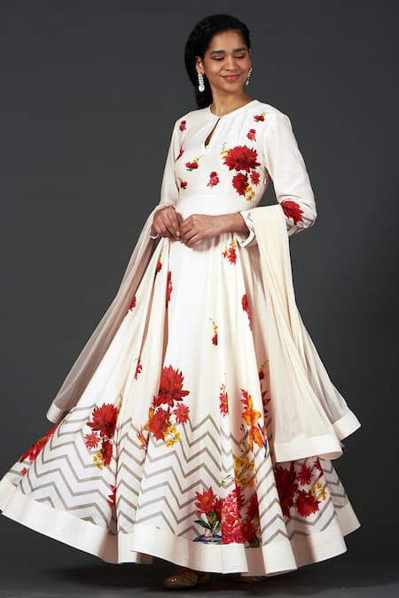 Balance by Rohit Bal Ivory Chanderi Printed Floral Keyhole Anarkali Set 
