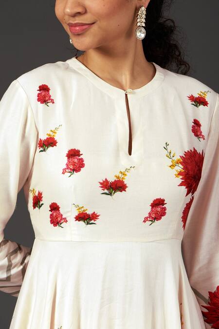 Shop_Balance By Rohit Bal_Ivory Chanderi Floral, Zig Zag Keyhole Print Anarkali Set _Online_at_Aza_Fashions