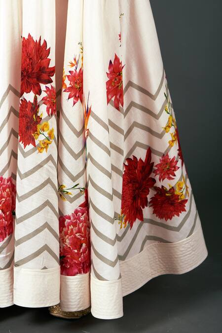 Buy_Balance By Rohit Bal_Ivory Chanderi Floral, Zig Zag Keyhole Print Anarkali Set _Online_at_Aza_Fashions