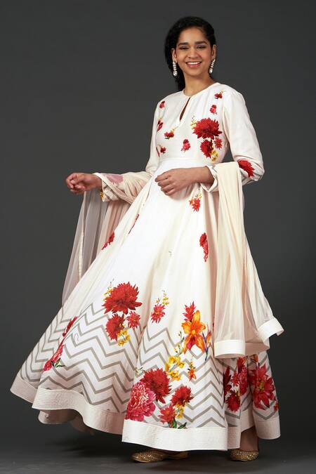 Balance By Rohit Bal_Ivory Chanderi Floral, Zig Zag Keyhole Print Anarkali Set _Online_at_Aza_Fashions