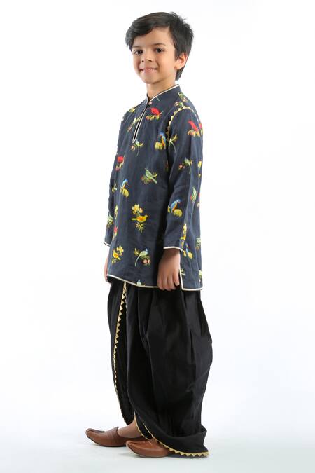 Bal Bachche By Rohit Bal_Black Linen Printed Bird Kurta Set_Online_at_Aza_Fashions