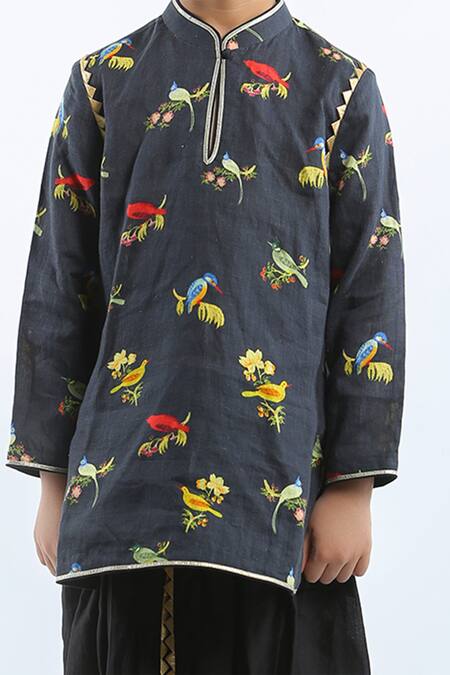 Buy_Bal Bachche By Rohit Bal_Black Linen Printed Bird Kurta Set_Online_at_Aza_Fashions