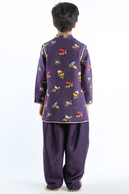 Bal Bachche By Rohit Bal_Blue Linen Printed Bird Kurta Set_Online_at_Aza_Fashions