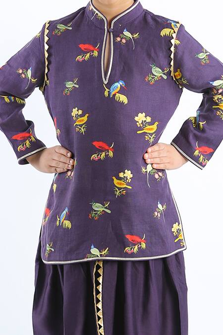Buy_Bal Bachche By Rohit Bal_Blue Linen Printed Bird Kurta Set_Online_at_Aza_Fashions
