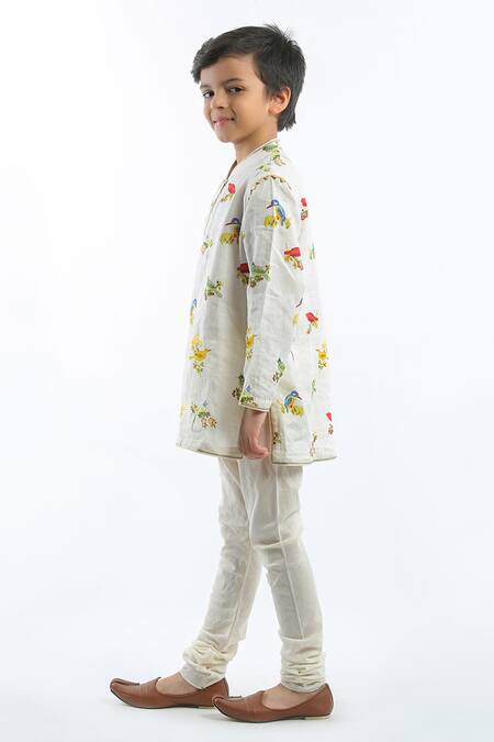 Bal Bachche By Rohit Bal_Ivory Linen Printed Bird Kurta Set_Online_at_Aza_Fashions