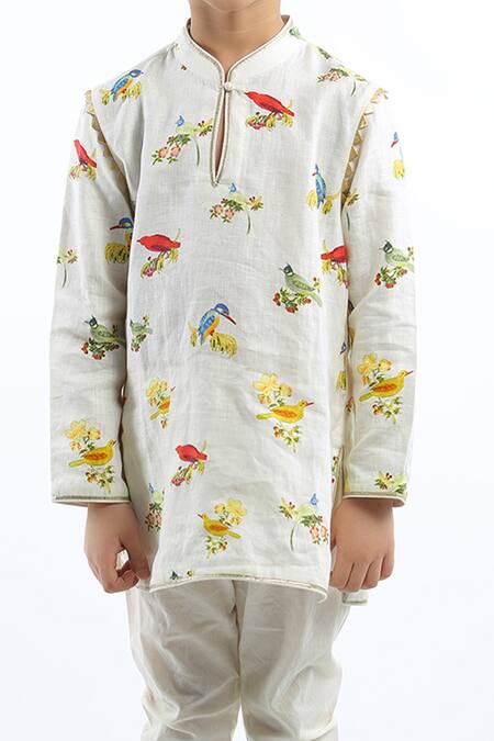 Buy_Bal Bachche By Rohit Bal_Ivory Linen Printed Bird Kurta Set_Online_at_Aza_Fashions