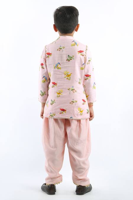 Shop Bal Bachche By Rohit Bal Pink Linen Printed Bird Kurta Set at Aza Fashions Shop_Bal Bachche By Rohit Bal_Pink Linen Printed Bird Kurta Set_at_Aza_Fashions
