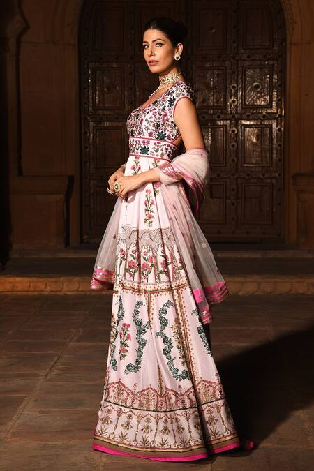 Buy Reynu Taandon Pink Chanderi Silk Scoop Neck Embroidered Anarkali With Dupatta Online at Aza Fashions Buy_Reynu Taandon_Pink Chanderi Silk Scoop Neck Embroidered Anarkali With Dupatta _Online_at_Aza_Fashions