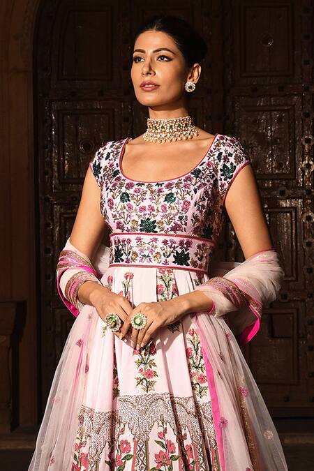 Shop Reynu Taandon Pink Chanderi Silk Scoop Neck Embroidered Anarkali With Dupatta Online at Aza Fashions Shop_Reynu Taandon_Pink Chanderi Silk Scoop Neck Embroidered Anarkali With Dupatta _Online_at_Aza_Fashions