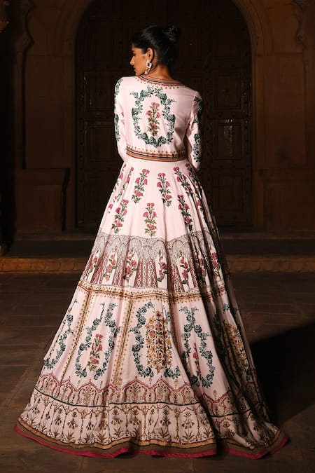 Shop Reynu Taandon Pink Chanderi Silk Round Embroidered Jacket Lehenga Set at Aza Fashions Shop_Reynu Taandon_Pink Chanderi Silk Round Embroidered Jacket Lehenga Set _at_Aza_Fashions