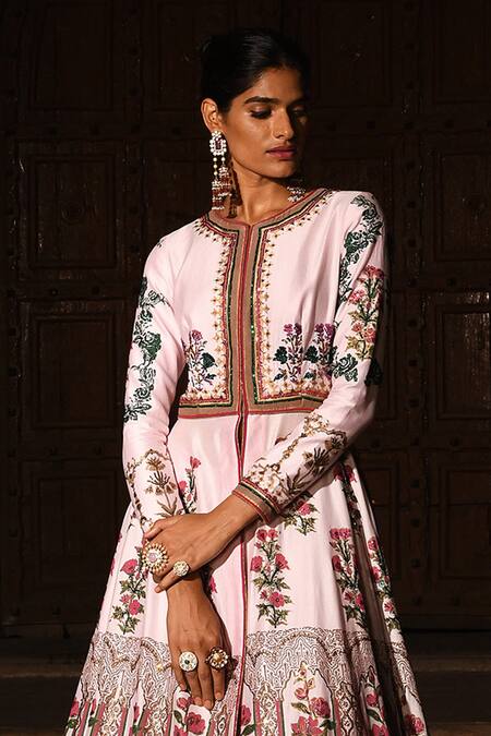 Buy Reynu Taandon Pink Chanderi Silk Round Embroidered Jacket Lehenga Set Online at Aza Fashions Buy_Reynu Taandon_Pink Chanderi Silk Round Embroidered Jacket Lehenga Set _Online_at_Aza_Fashions