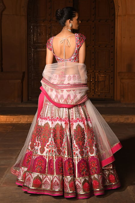 Shop_Reynu Taandon_Pink Net, Chanderi Silk Sweetheart Neck Embroidered Bridal Lehenga Set _at_Aza_Fashions