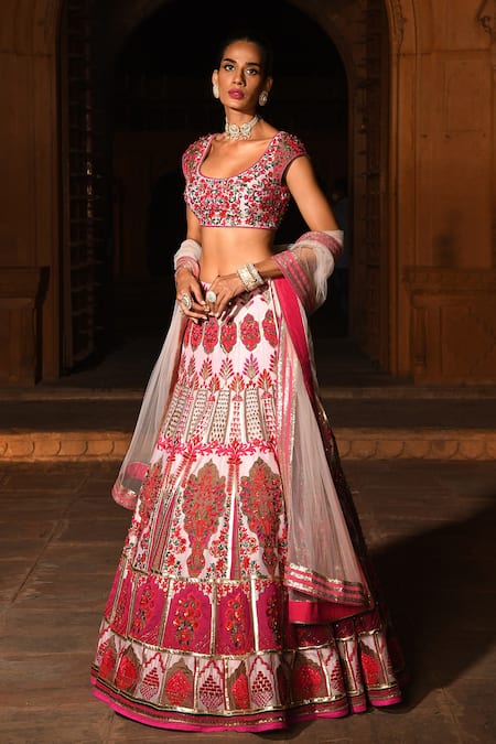 Reynu Taandon_Pink Net, Chanderi Silk Sweetheart Neck Embroidered Bridal Lehenga Set _Online_at_Aza_Fashions
