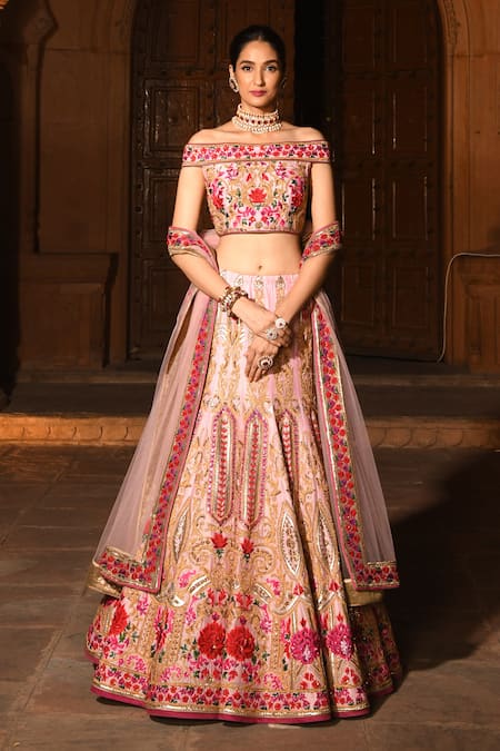 Buy Pink Dupatta Organza Round Embroidered Bridal Lehenga Set For Women by  Jade by Monica and Karishma Online at Aza Fashions.