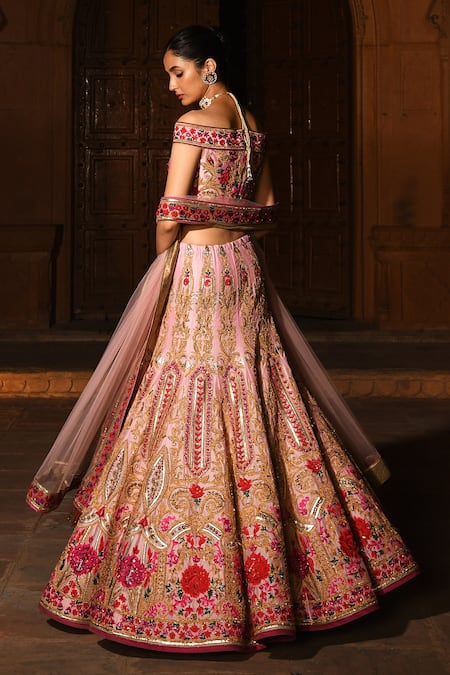 Reynu Taandon Pink Chanderi Silk Bardot Embroidered Off Shoulder Bridal Lehenga Set For Women