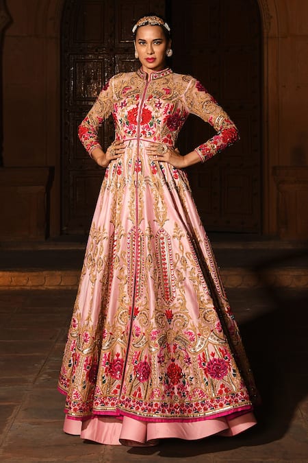 Reynu Taandon Pink Chanderi Silk Mandarin Collar Embroidered Jacket Lehenga Set 