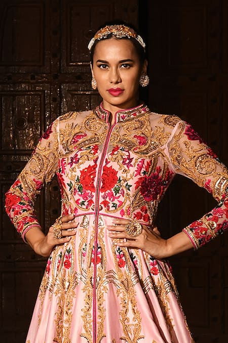 Shop Reynu Taandon Pink Chanderi Silk Mandarin Collar Embroidered Jacket Lehenga Set at Aza Fashions Shop_Reynu Taandon_Pink Chanderi Silk Mandarin Collar Embroidered Jacket Lehenga Set _at_Aza_Fashions
