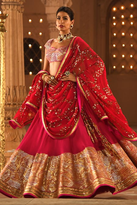 Reynu Taandon Pink Georgette Sweetheart Neck Embroidered Bridal Lehenga Set