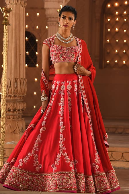 Reynu Taandon Red Georgette, Chanderi Silk Sweetheart Neck Embroidered Bridal Lehenga Set 