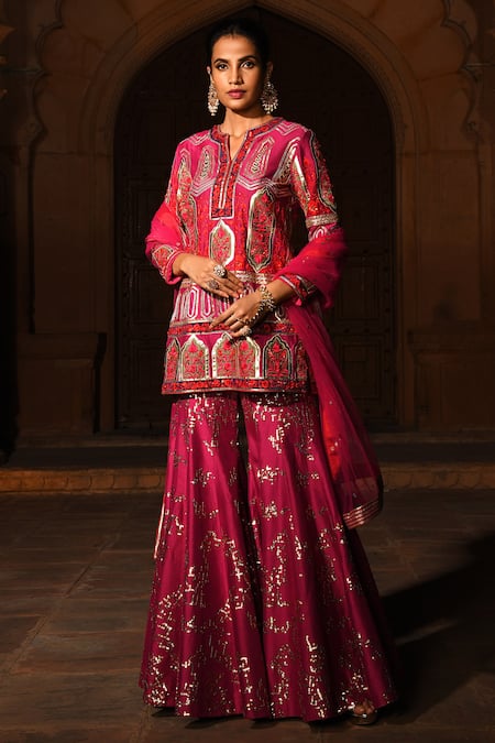 Reynu Taandon Pink Net, Chanderi Silk Notched Kurta Set 