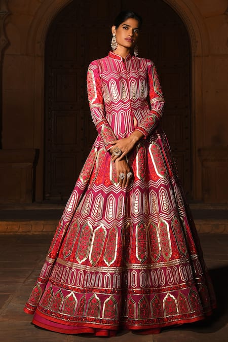 Reynu Taandon Pink Chanderi Silk Mandarin Collar Embroidered Jacket Lehenga Set 