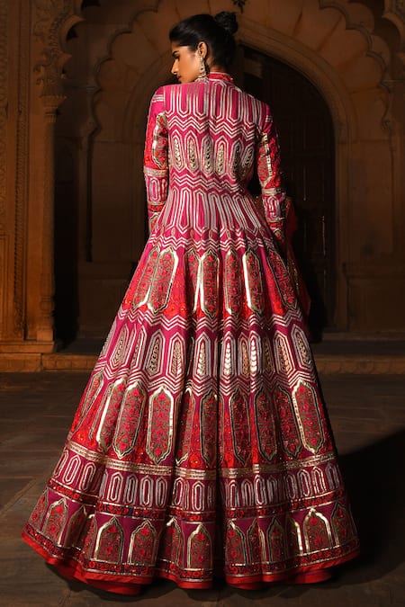 Shop Reynu Taandon Pink Chanderi Silk Mandarin Collar Embroidered Jacket Lehenga Set at Aza Fashions Shop_Reynu Taandon_Pink Chanderi Silk Mandarin Collar Embroidered Jacket Lehenga Set _at_Aza_Fashions