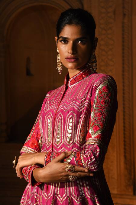 Reynu Taandon Pink Chanderi Silk Mandarin Collar Embroidered Jacket Lehenga Set Online at Aza Fashions Reynu Taandon_Pink Chanderi Silk Mandarin Collar Embroidered Jacket Lehenga Set _Online_at_Aza_Fashions