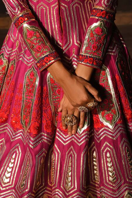 Buy Reynu Taandon Pink Chanderi Silk Mandarin Collar Embroidered Jacket Lehenga Set Online at Aza Fashions Buy_Reynu Taandon_Pink Chanderi Silk Mandarin Collar Embroidered Jacket Lehenga Set _Online_at_Aza_Fashions