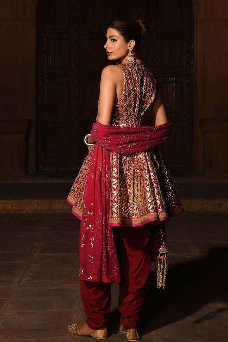 Shop Reynu Taandon Red Chanderi Silk Mandarin Collar Anarkali Set at Aza Fashions Shop_Reynu Taandon_Red Chanderi Silk Mandarin Collar Anarkali Set _at_Aza_Fashions