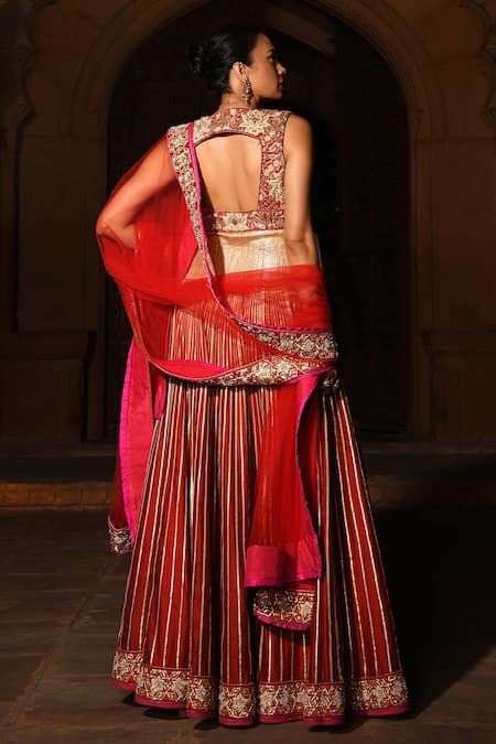 Shop Reynu Taandon Red Net, Chanderi Silk Round Embroidered Anarkali With Dupatta at Aza Fashions Shop_Reynu Taandon_Red Net, Chanderi Silk Round Embroidered Anarkali With Dupatta _at_Aza_Fashions