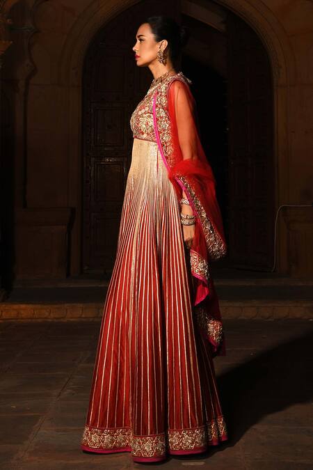 Reynu Taandon Red Net, Chanderi Silk Round Embroidered Anarkali With Dupatta Online at Aza Fashions Reynu Taandon_Red Net, Chanderi Silk Round Embroidered Anarkali With Dupatta _Online_at_Aza_Fashions