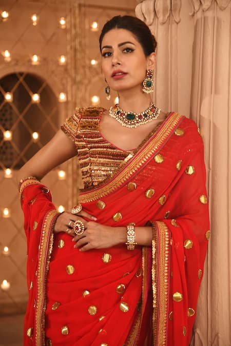 Buy Reynu Taandon Red Georgette V Neck Embroidered Saree With Blouse Online at Aza Fashions Buy_Reynu Taandon_Red Georgette V Neck Embroidered Saree With Blouse _Online_at_Aza_Fashions