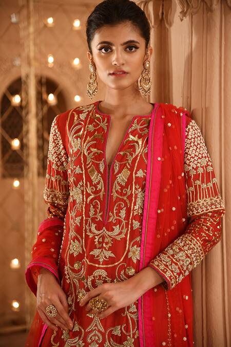 Buy Reynu Taandon Red Net, Georgette, Chanderi Silk V Neck Kurta Set Online at Aza Fashions Buy_Reynu Taandon_Red Net, Georgette, Chanderi Silk V Neck Kurta Set _Online_at_Aza_Fashions
