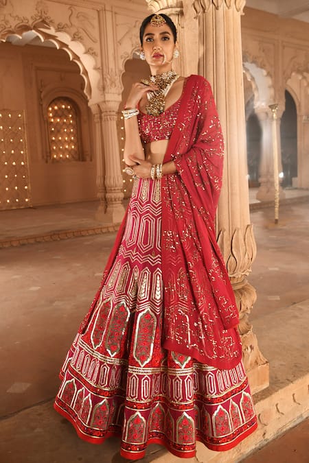 Reynu Taandon Pink Chanderi Silk V Neck Embroidered Bridal Lehenga Set