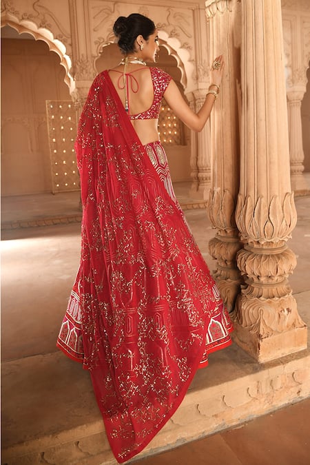 Shop Reynu Taandon Pink Chanderi Silk V Neck Embroidered Bridal Lehenga Set at Aza Fashions Shop_Reynu Taandon_Pink Chanderi Silk V Neck Embroidered Bridal Lehenga Set _at_Aza_Fashions