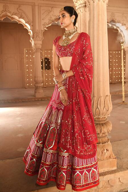 Reynu Taandon Pink Chanderi Silk V Neck Embroidered Bridal Lehenga Set Online at Aza Fashions Reynu Taandon_Pink Chanderi Silk V Neck Embroidered Bridal Lehenga Set _Online_at_Aza_Fashions