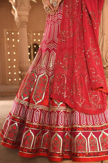 Shop Reynu Taandon Pink Chanderi Silk V Neck Embroidered Bridal Lehenga Set Online at Aza Fashions Shop_Reynu Taandon_Pink Chanderi Silk V Neck Embroidered Bridal Lehenga Set _Online_at_Aza_Fashions