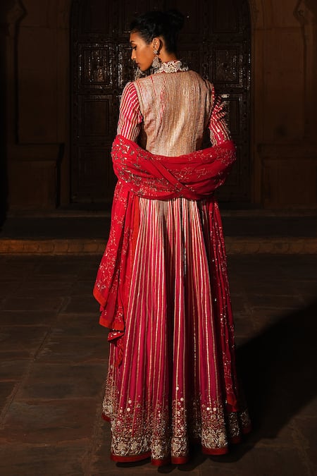 Shop Reynu Taandon Pink Georgette, Chanderi Silk V Neck Embroidered Anarkali With Dupatta at Aza Fashions Shop_Reynu Taandon_Pink Georgette, Chanderi Silk V Neck Embroidered Anarkali With Dupatta _at_Aza_Fashions