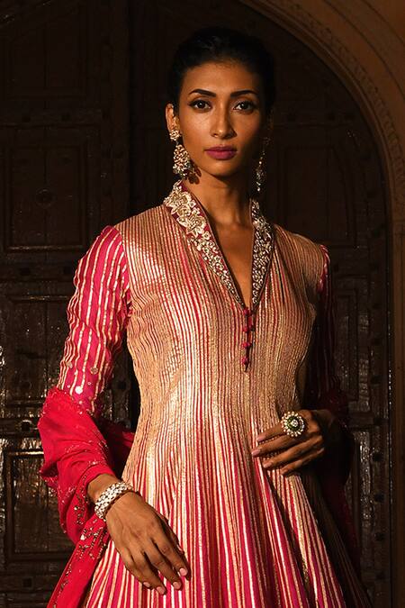 Buy Reynu Taandon Pink Georgette, Chanderi Silk V Neck Embroidered Anarkali With Dupatta Online at Aza Fashions Buy_Reynu Taandon_Pink Georgette, Chanderi Silk V Neck Embroidered Anarkali With Dupatta _Online_at_Aza_Fashions