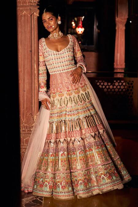 Reynu Taandon_Peach Lining Shantoon, Soft Net Sequins, Embellished Anarkali With Dupatta_Online_at_Aza_Fashions